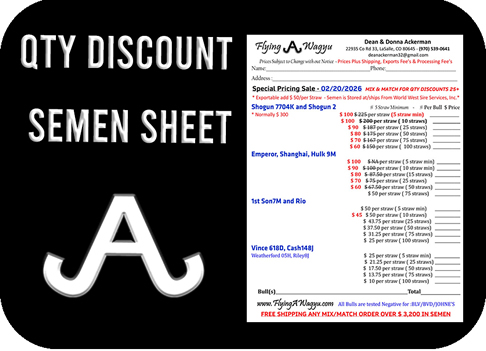 Flying A Wagyu Special Pricing Sale Flyer Semen as Low as $10/ Straw to Fill Your Tank